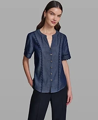 Karl Lagerfeld Paris Women's V-Neck Nailhead Trim Short-Sleeve Blouse