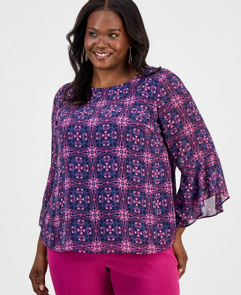 Kasper Plus Printed Ruffled 3/4-Sleeve Top