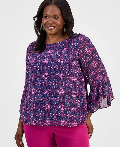 Kasper Plus Printed Ruffled 3/4-Sleeve Top