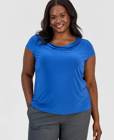 Kasper Plus Cowlneck Cap-Sleeve Top
