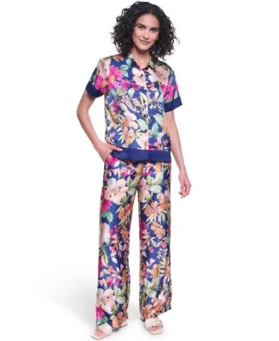 Karl Lagerfeld Paris Womens Short Sleeve Printed Camp Shirt Womens Soft Floral Print Pull On Pants