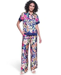 Karl Lagerfeld Paris Womens Short Sleeve Printed Camp Shirt Womens Soft Floral Print Pull On Pants