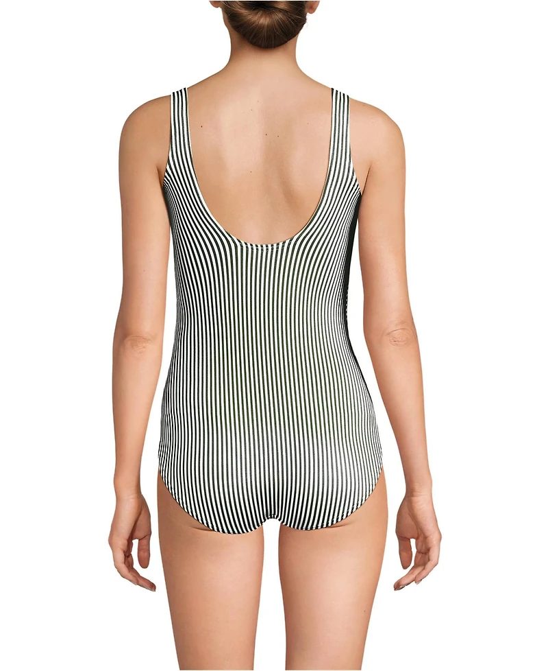 Lands' End Women's Long Scoop Neck Soft Cup Tugless Sporty One Piece Swimsuit Print