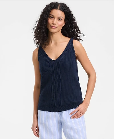Lands' End Women's Cotton Cable Vneck Tank Sweater