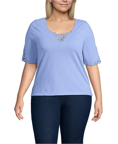 Lands' End Plus Elbow Sleeve Slub Lace Trim T-Shirt
