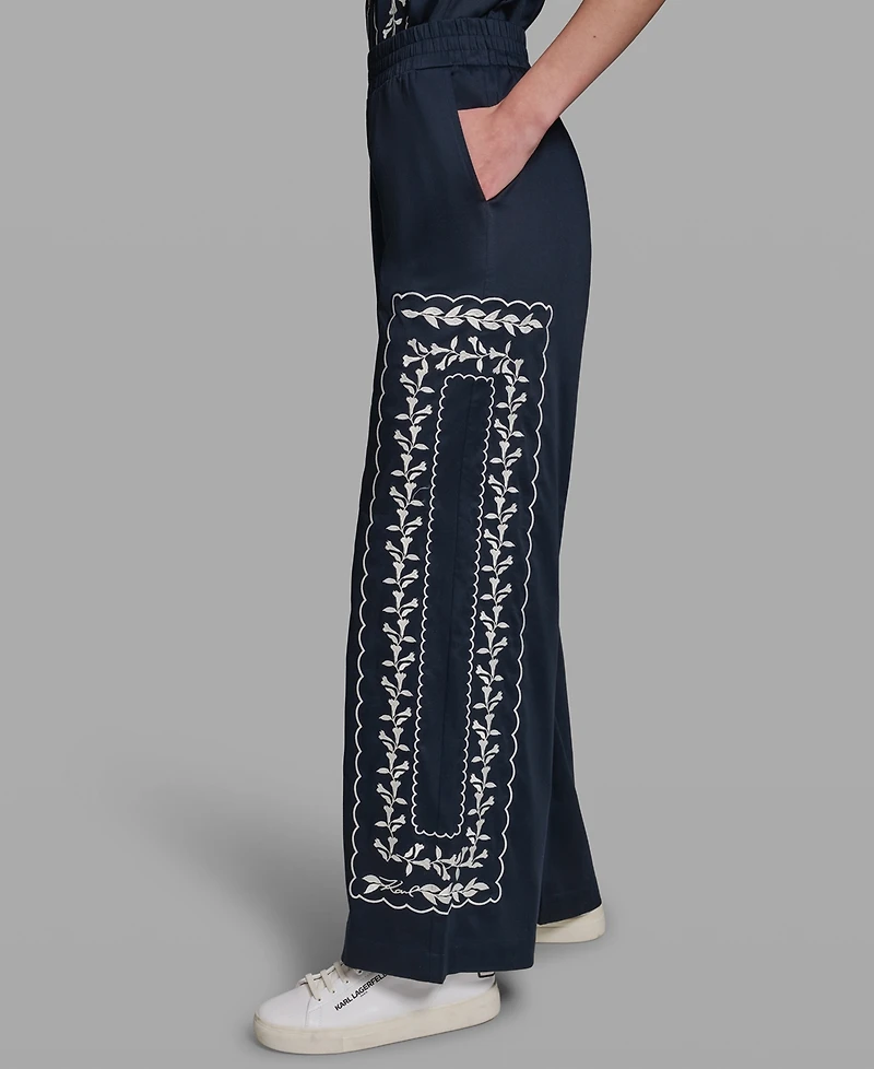 Karl Lagerfeld Paris Petite Embroidered Mid-Rise Floral Pants