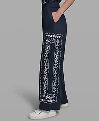 Karl Lagerfeld Paris Petite Embroidered Mid-Rise Floral Pants