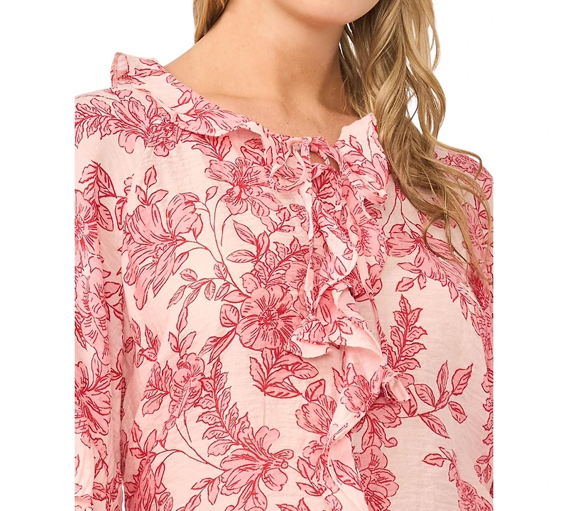 Vince Camuto Women's Printed Crewneck Ruffle Front Top