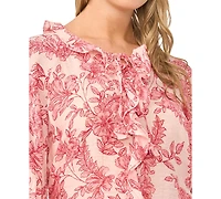 Vince Camuto Women's Printed Crewneck Ruffle Front Top