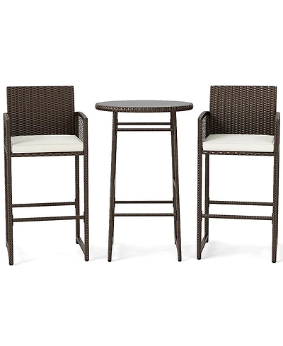 Gouun 3 Piece Outdoor Patio Bar Set with Pe Wicker Bar Height Table and 2 Cushioned Bar Chairs