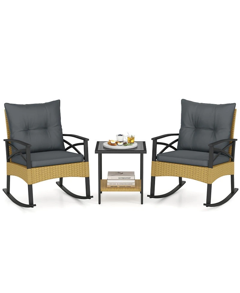 Gouun 3-Piece Outdoor Rattan Rocking Chair Set with 2-Tier Side Table for Backyard