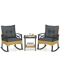 Gouun 3-Piece Outdoor Rattan Rocking Chair Set with 2-Tier Side Table for Backyard