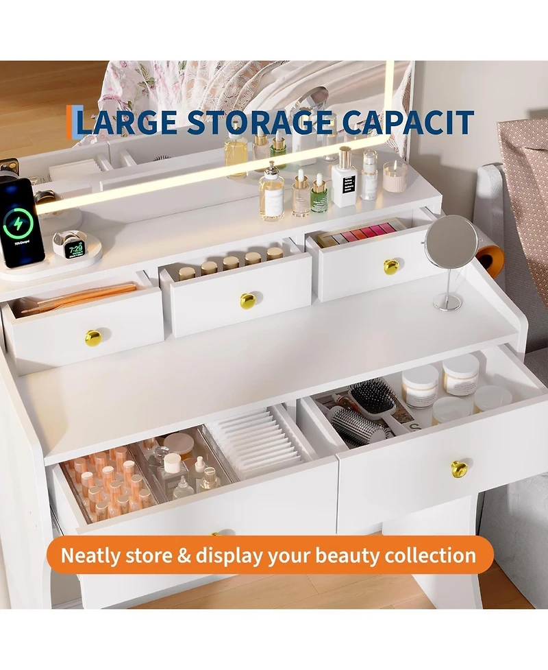 gaomon Vanity Table Set with Mirror and Chair, Power Outlet, Hairdryer Holder, 5 Drawers, Cushioned Stool for Bedroom, Dressing Table