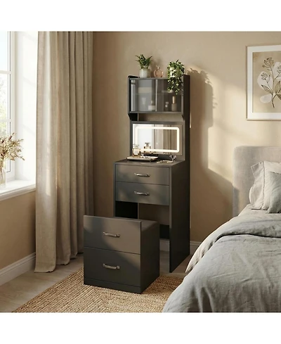 gaomon 3-in-1 Vanity Desk with 3-Color Led Mirror and Hidden Chair, Small Makeup Table, 2 Ac Outlets Usb, Drawers