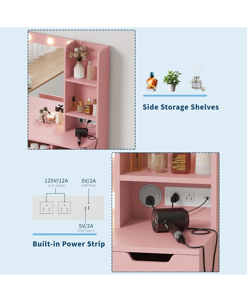 gaomon Modern Makeup Vanity Desk with Lighted Mirror, 4 Drawers, 3 Lighting Modes, Open Shelves, Built-in Power Outlets, Small Bedroom Dressing Table