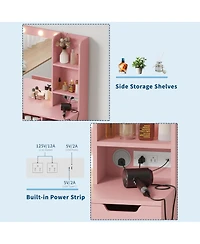 gaomon Modern Makeup Vanity Desk with Lighted Mirror, 4 Drawers, 3 Lighting Modes, Open Shelves, Built-in Power Outlets, Small Bedroom Dressing Table