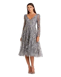 Mac Duggal Women's Floral Embroidered Long Sleeve V Neck Midi Dress