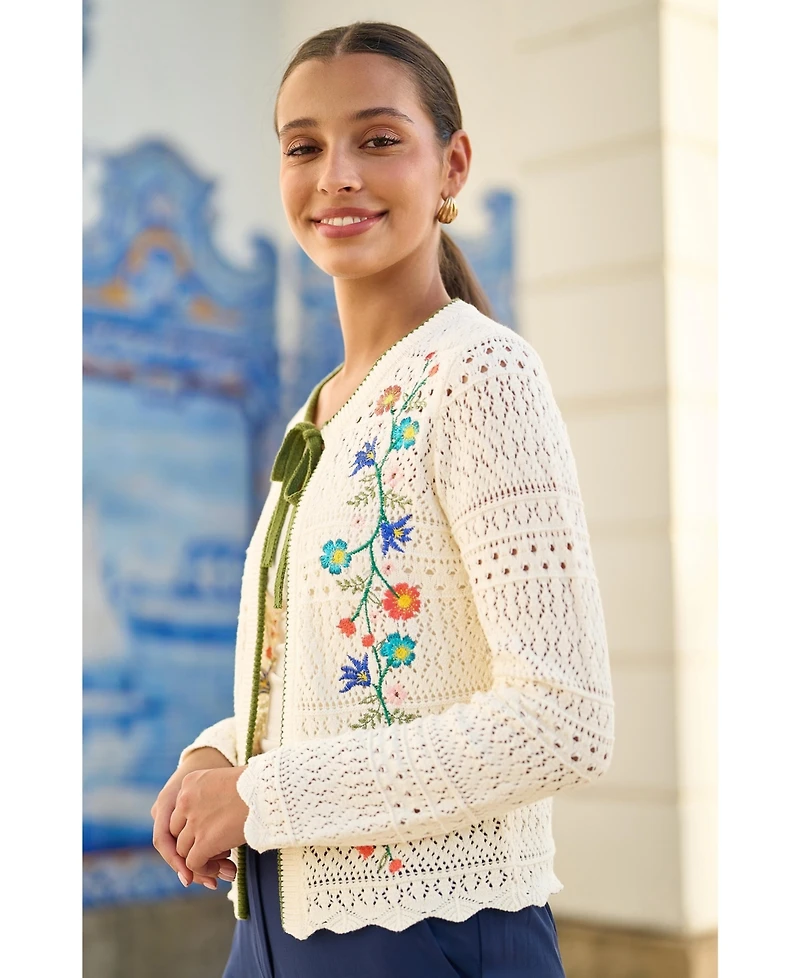 Yumi Women's Crochet Knitted Tie Front Cardigan