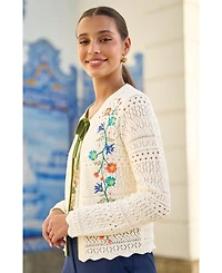 Yumi Women's Crochet Knitted Tie Front Cardigan