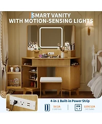 gaomon Corner Makeup Vanity Desk, Modern Vanity Desk with Hd Triple Mirror, Corner Vanitys with Clear Glass Top, Fluted Makeup Vanity Desk