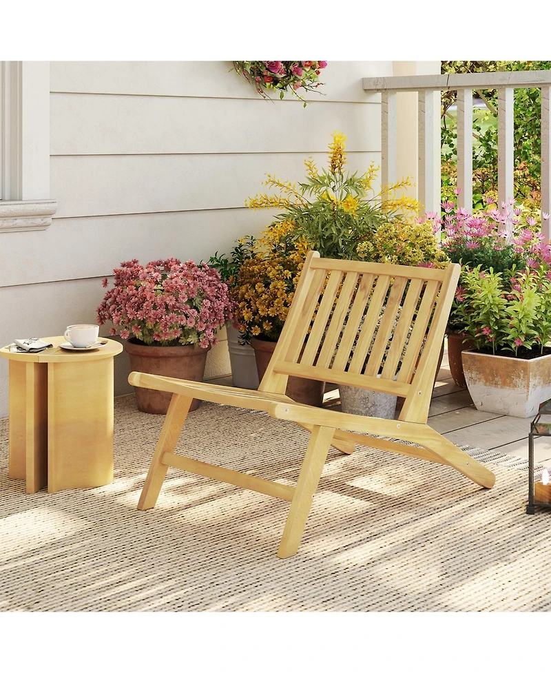 Gymax Teak Wood Outdoor Reclining Chair Natural Mid Century Accent Chair w/ Backrest