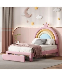 Rainsken Upholstered Kids Bed Frame with Drawer, Rainbow Design Platform Bed, Velvet Princess Bed, No Box-Spring Needed