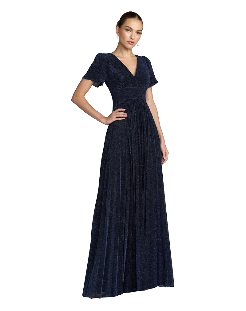 Mac Duggal Petite Women.s Pleated Metallic Flutter Sleeve A Line Gown