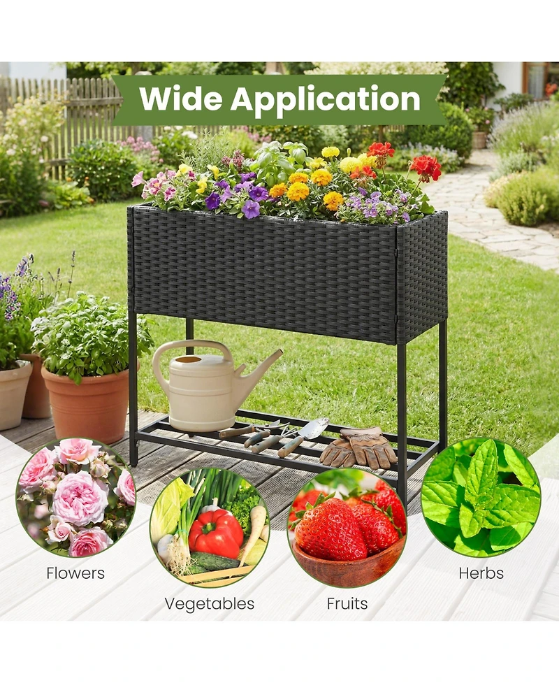 Gymax Elevated Planter Box Raised Garden Bed With Rattan Surface Bottom Storage Shelf