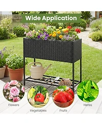 Gymax Elevated Planter Box Raised Garden Bed With Rattan Surface Bottom Storage Shelf