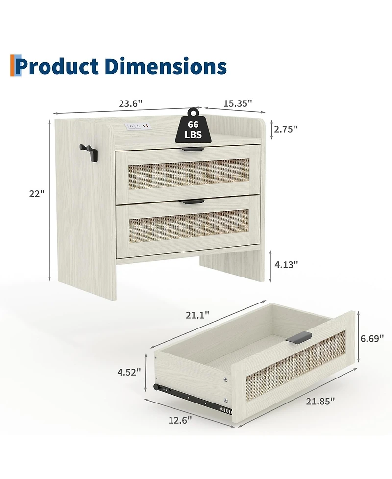 gaomon Adults 2-Drawer Rattan Nightstand - Wood Bedside Table for Bedroom Storage