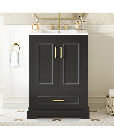 Sillysis 24 Inch Bathroom Vanity with Ceramic Sink, Solid Wood Cabinet, Soft Close Doors and Divided Drawer for Small Bathrooms