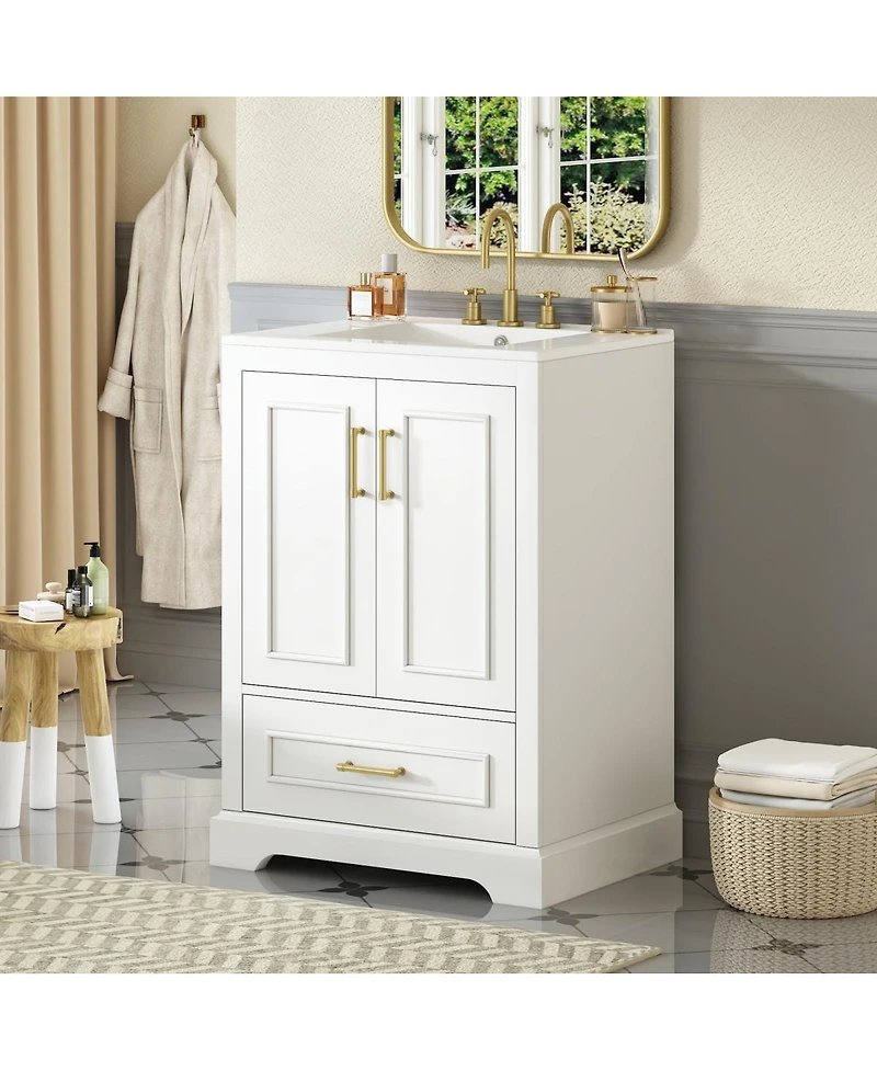 Sillysis 24 Inch Bathroom Vanity with Ceramic Sink, Solid Wood Cabinet, Soft Close Doors and Divided Drawer for Small Bathrooms
