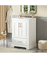 Sillysis 24 Inch Bathroom Vanity with Ceramic Sink, Solid Wood Cabinet, Soft Close Doors and Divided Drawer for Small Bathrooms