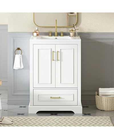 Sillysis 24 Inch Bathroom Vanity with Ceramic Sink, Solid Wood Cabinet, Soft Close Doors and Divided Drawer for Small Bathrooms