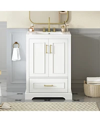 Sillysis 24 Inch Bathroom Vanity with Ceramic Sink, Solid Wood Cabinet, Soft Close Doors and Divided Drawer for Small Bathrooms