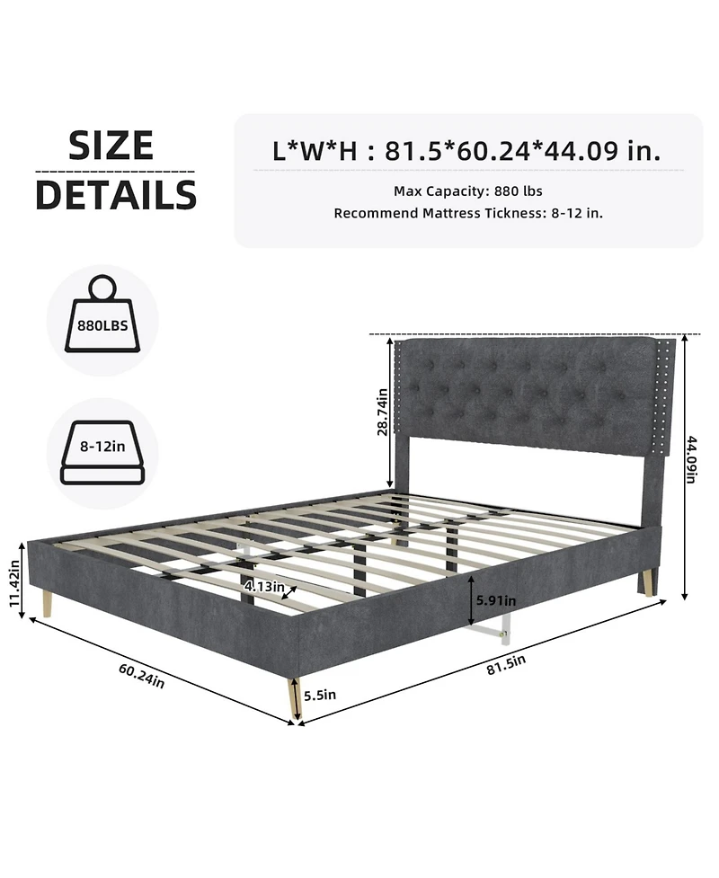 Rainsken Bed Frame, with Suede Upholstered Headboard, Under Storage, Wood Slats Support, No Box Spring Needed, Easy Assembly
