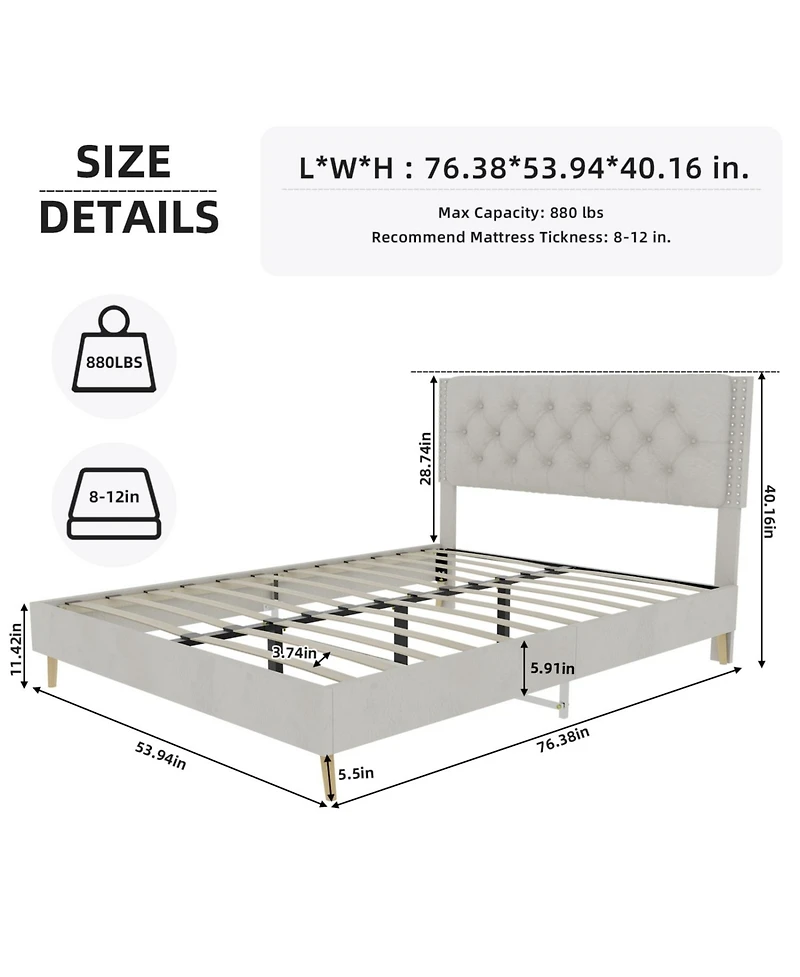 Rainsken Bed Frame, with Suede Upholstered Headboard, Under Storage, Wood Slats Support, No Box Spring Needed