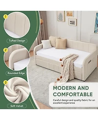 Rainsken Twin Daybed with Trundle, Velvet Upholstered Sofa Bed Frame Usb Port, Side Pockets and Wood Slat Support for Living Room
