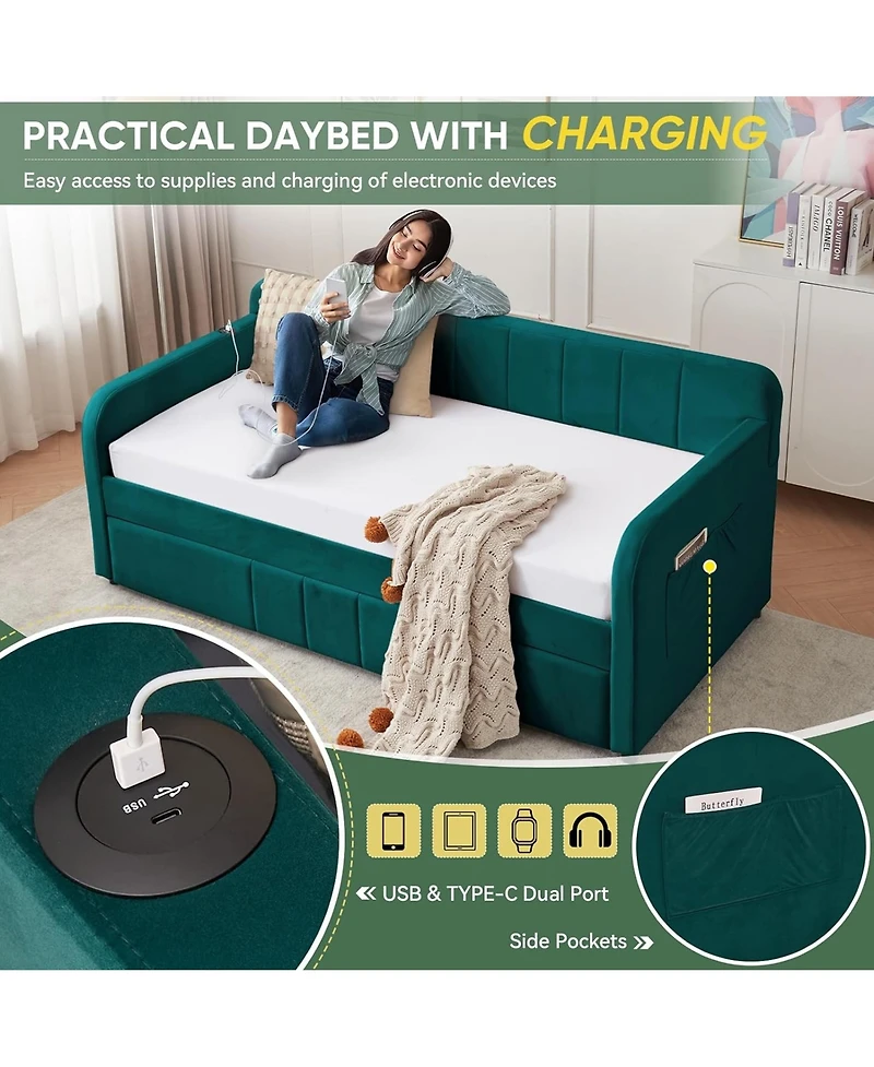Rainsken Twin Daybed with Trundle, Velvet Upholstered Sofa Bed Frame Usb Port, Side Pockets and Wood Slat Support for Living Room