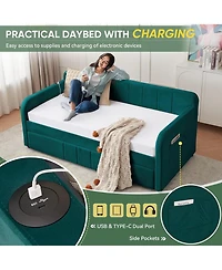 Rainsken Twin Daybed with Trundle, Velvet Upholstered Sofa Bed Frame Usb Port, Side Pockets and Wood Slat Support for Living Room