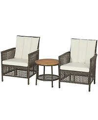 Costway 3PCS Patio Rattan Furniture Set Cushioned Sofas Wood Table Top W/Shelf