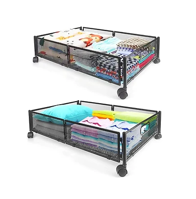 Underbed Rolling Storage Drawer with Metal Mesh Frame and Wheels, 2 Packs