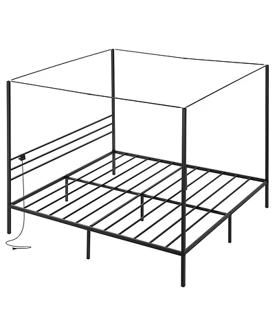 Sugift King Canopy Bed Frame Metal Four Poster with Charging Station and Storage