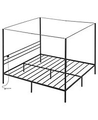 Sugift King Canopy Bed Frame Metal Four Poster with Charging Station and Storage