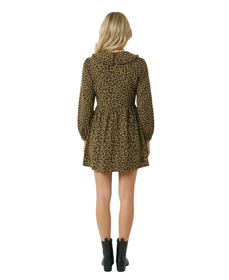 Modenaire Women's Leopard Print Oversized Collar Long Sleeve Mini Dress