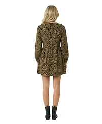 Modenaire Women's Leopard Print Oversized Collar Long Sleeve Mini Dress