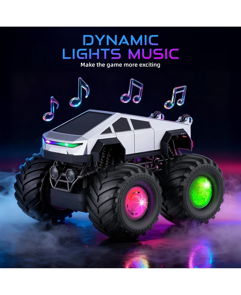 Hongge Remote Control Monster Truck for Kids, 2.4GHz Rc Stunt Car with Led Lights and Music, 4WD Amphibious All Terrain