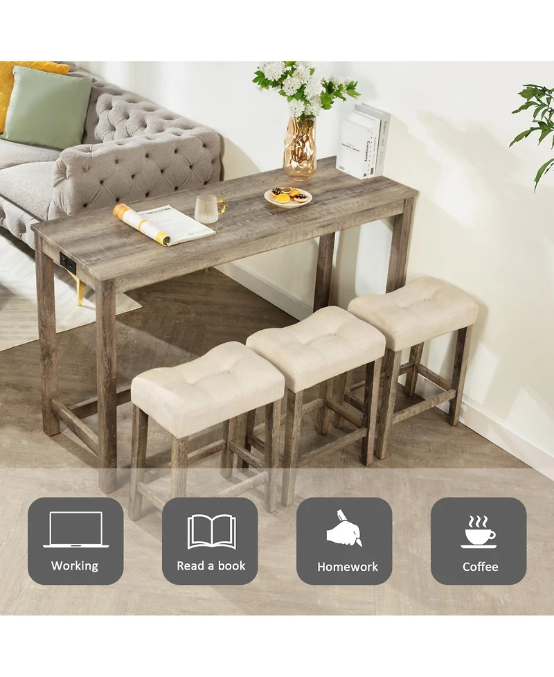 Rainsken Bar Table and Chairs Set of 4, Industrial Height Dining with 3 Padded Stools Power Outlet for Living Room
