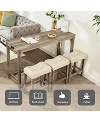 Rainsken Bar Table and Chairs Set of 4, Industrial Height Dining with 3 Padded Stools Power Outlet for Living Room