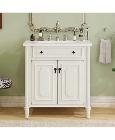 Sillysis 31 Inch Vintage Bathroom Vanity with Ceramic Sink, Soft Close Doors and Adjustable Storage for Small Spaces
